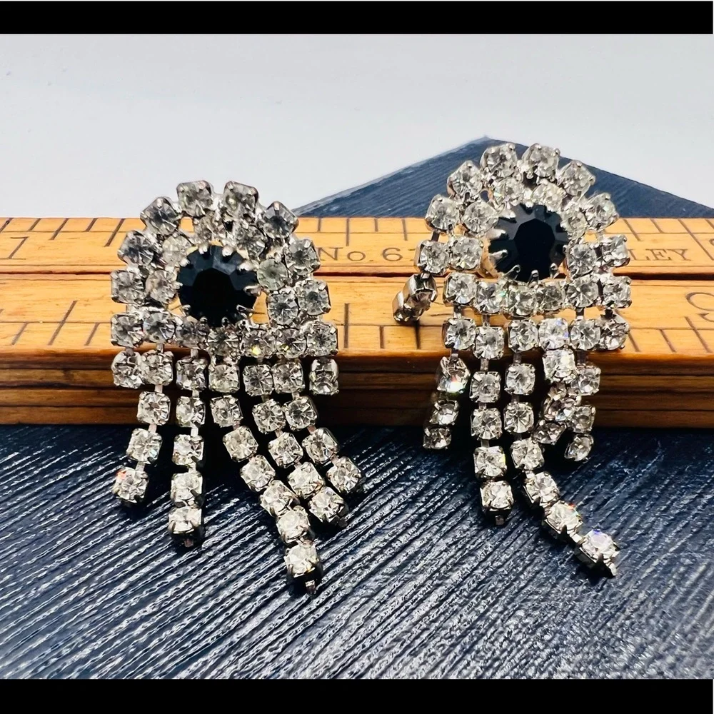 Vintage silver rhinestone fringe pierced earrings black accent dangles unique